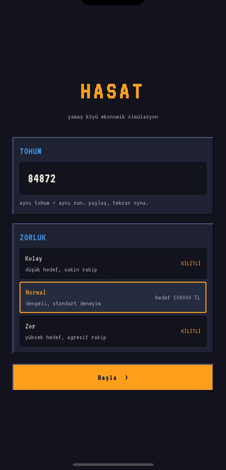 HASAT başlık ve zorluk seçme ekranı, gün batımı köy sanatıyla