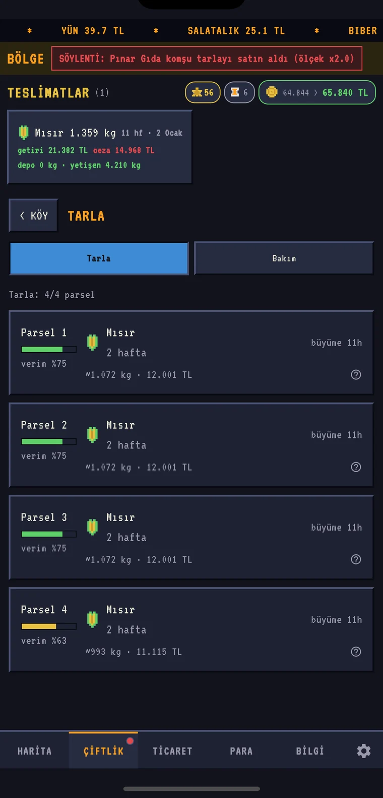 Tarla parsel yönetimi ekranı
