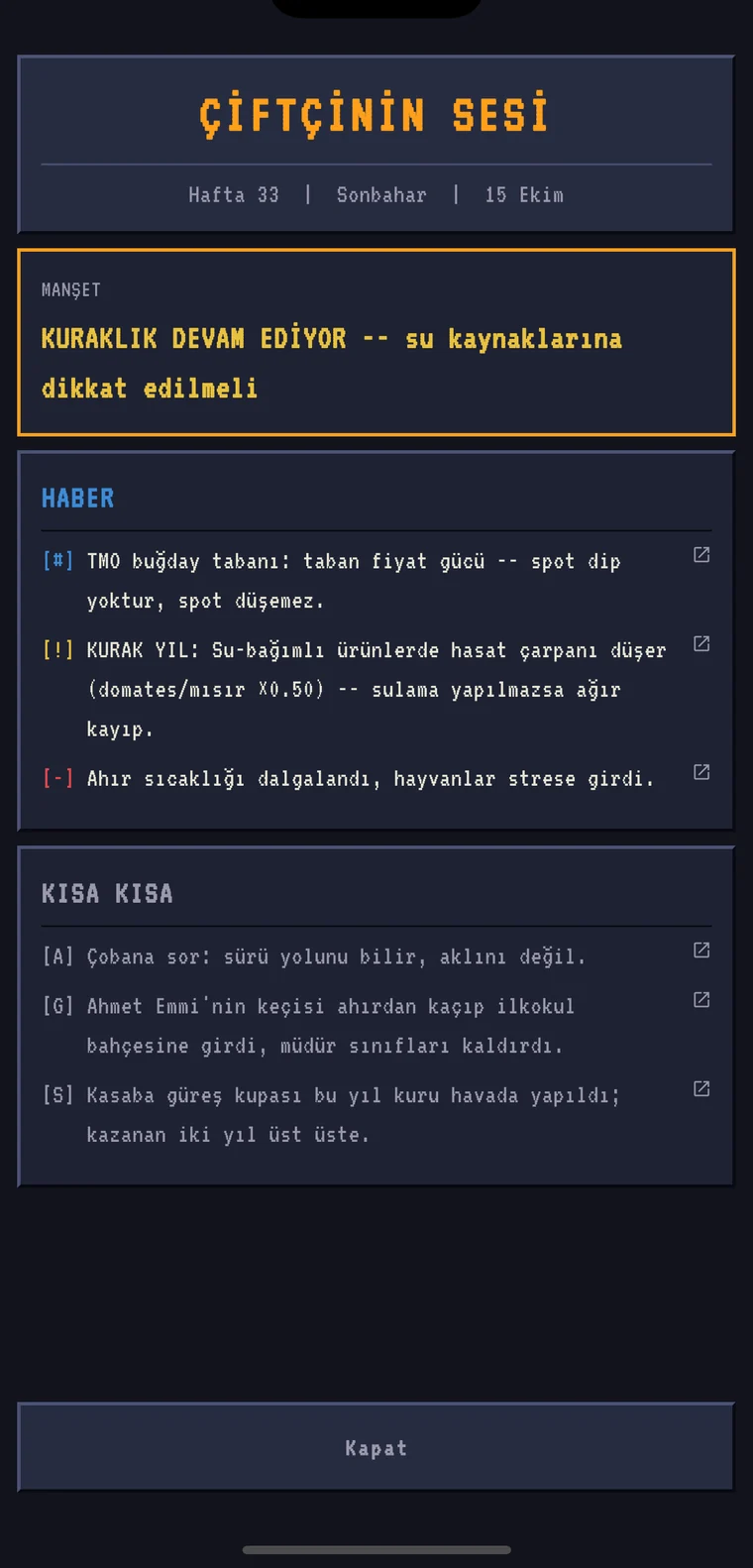 Oyun-içi sahte gazete: Çiftçinin Sesi